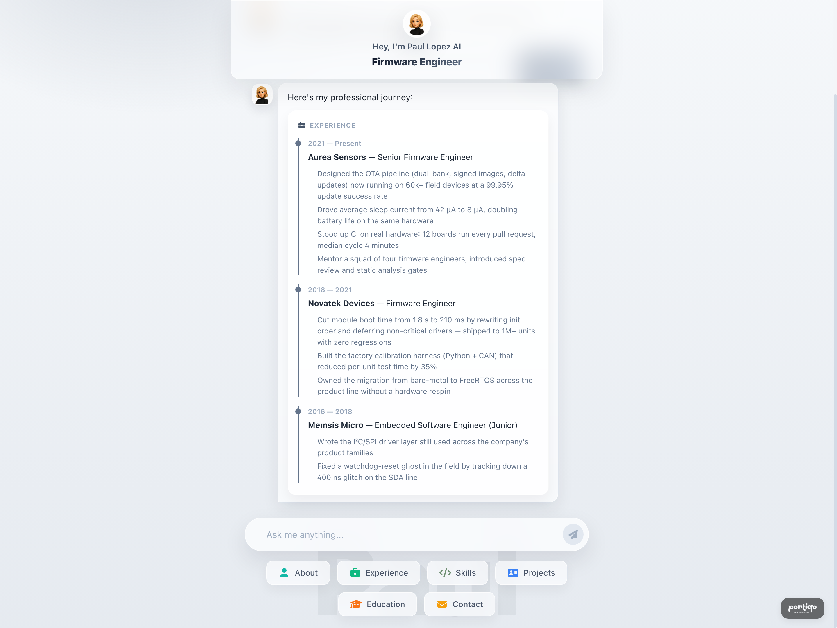 Paul Lopez's AI agent answering a recruiter's experience question with cited CV content